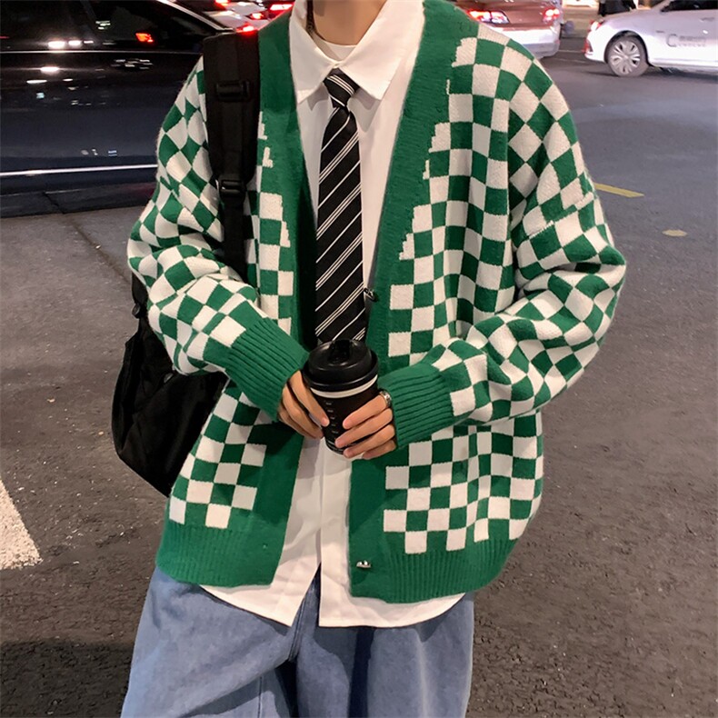 M3125-P85秋装新款潮流棋盘格毛衣男女情侣宽松针织开衫上衣外套,男装针织衫/毛衣,电商A009A（原A058A）