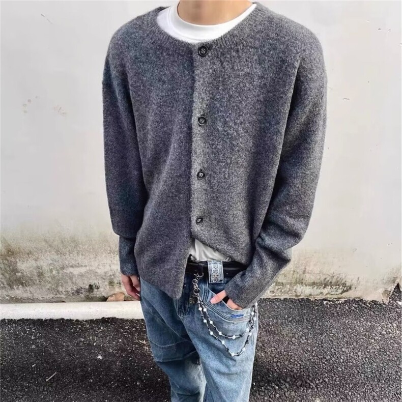 M275-P56秋季纽扣款收口宽松圆领针织开衫男痞帅高级感羊毛衫,男装针织衫/毛衣,电商B323A
