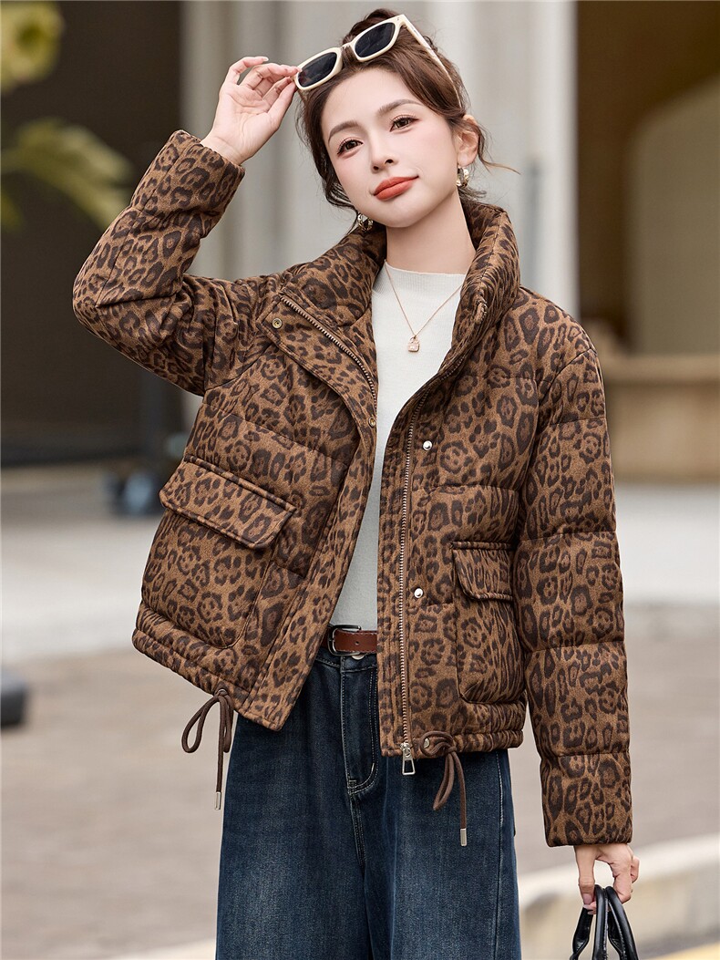 豹纹羽绒服女2025秋冬新款短款小个子韩版显瘦超好看立领加厚外套,女装羽绒服,拾衣