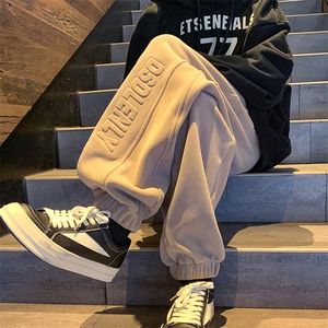 摇粒绒束脚卫裤男冬季加绒美式潮牌字母青少年大码春秋运动休闲裤图片