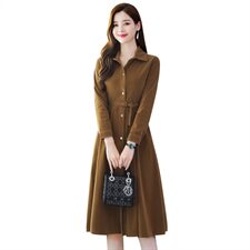 连衣裙韩版气质纯色长袖2021年秋季中长款翻领个性修身显瘦裙，女装连衣裙，瑶迪依秀
