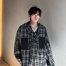 经典格子连帽系带设计口袋撞色潮男休闲衬衫上衣A071-3320-P65，男装衬衫，电商A071
