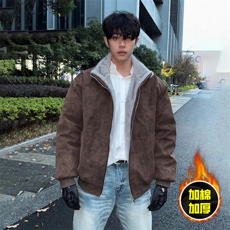 现货高品质美式高街重磅座山雕毛毛立领pu麂皮棉衣男女加厚外套冬，男装棉衣，电商A443