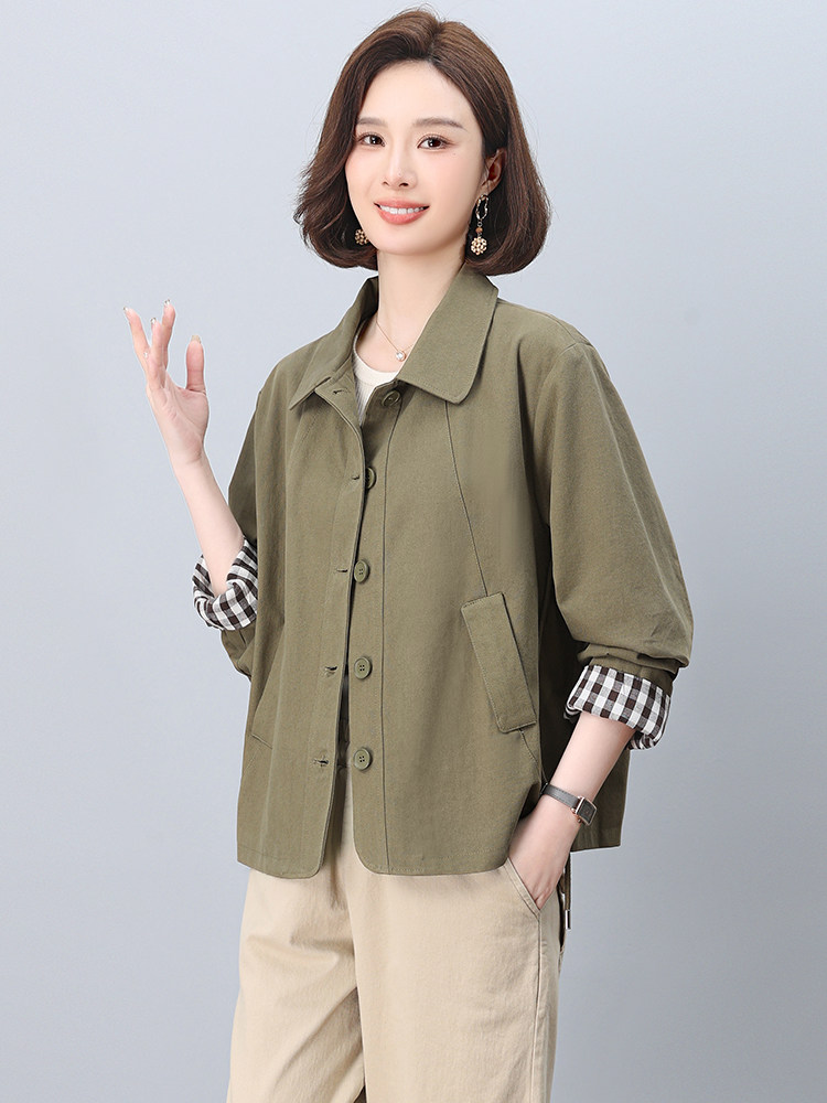 中年妈妈纯棉风衣外套女短款2025春秋新款小个子宽松大码夹克上衣,女装短外套,忆绮罗