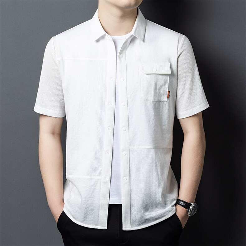 ZL6831夏季男士新款短袖纯色工装衬衫青年修身翻领休闲衬衣图片