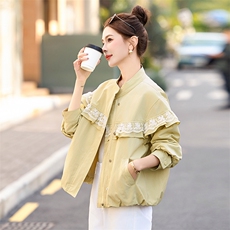 独特超好看蕾丝拼接立领外套女2025春秋新款宽松减龄短款夹克上衣，女装短外套，悦祺