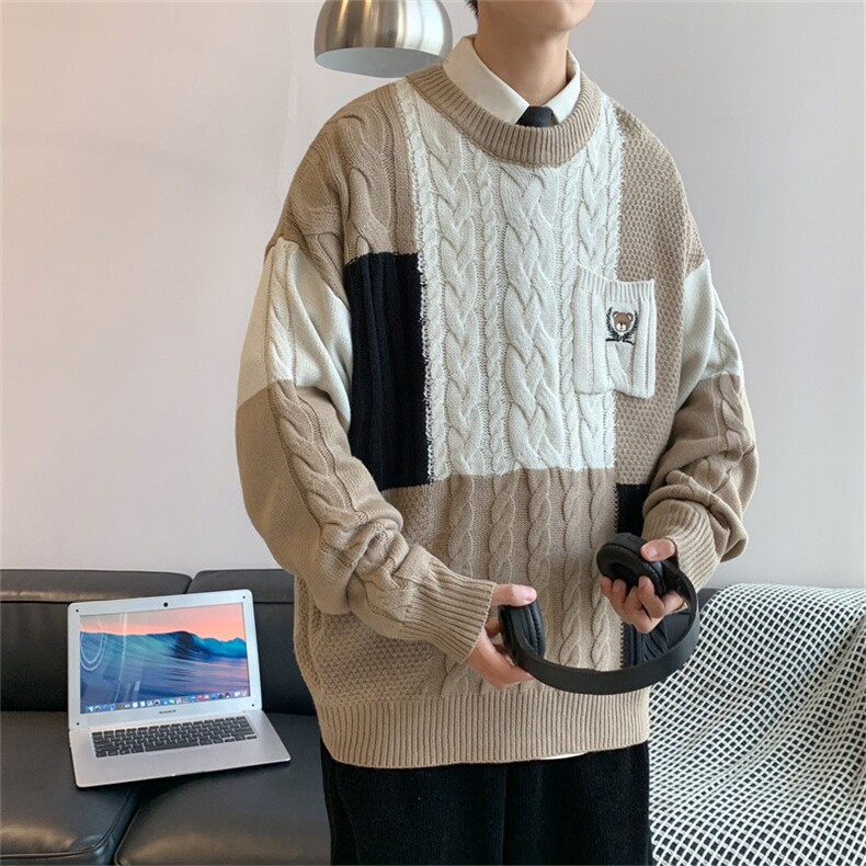 秋冬ins港风拼接撞色针织衫男潮流情侣宽松毛线衣外套M314-P45,男装针织衫/毛衣,星座512-4