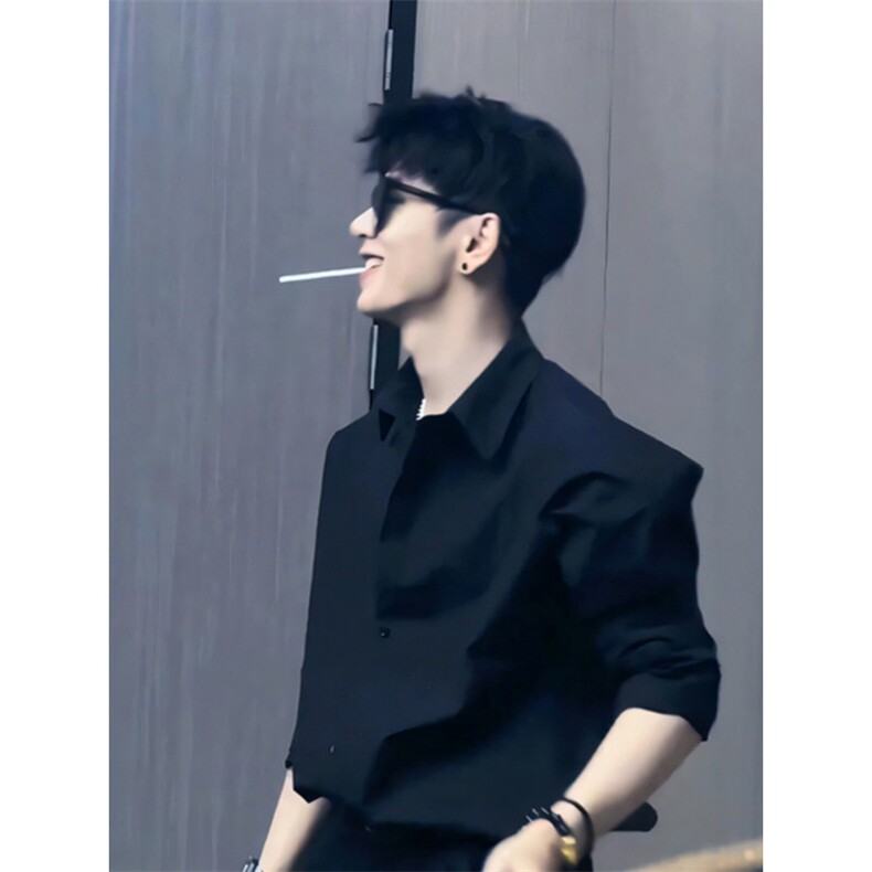 1014-1~CS08~特P35~黑色禁欲系衬衫男款高级感痞帅衬衣,男装衬衫,星座1014-1