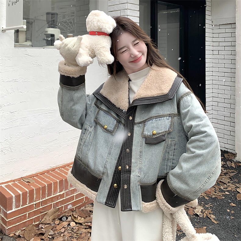 羊羔毛拼接牛仔羽绒服女冬季2025新款高级感美式爆款加厚保暖外套,女装羽绒服,2C170