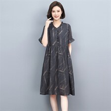 雪纺连衣裙女夏2024新款中年妈妈宽松显瘦大码中长款休闲a字裙子，女装连衣裙，忆绮罗