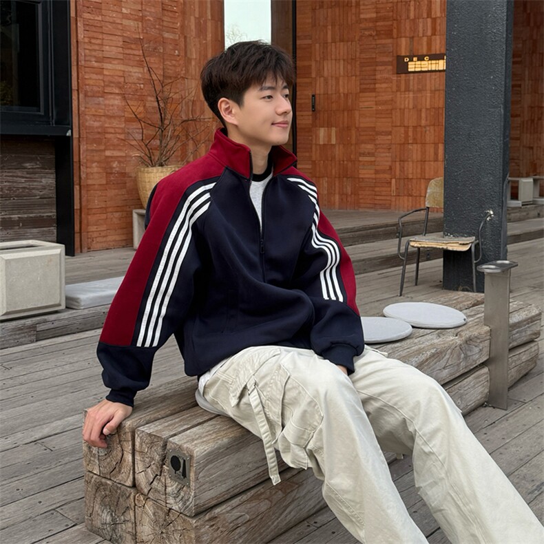 抖音得物高品质美式高街重磅结构织带拼接撞色立领卫衣外套CM41，男装卫衣，电商A486