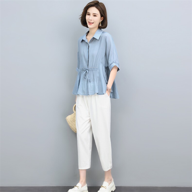 新款2025年夏天丝冰丝两件套女T恤衬衫中年妈妈半袖透气上衣套装,女装套装/套裙,璐依舞