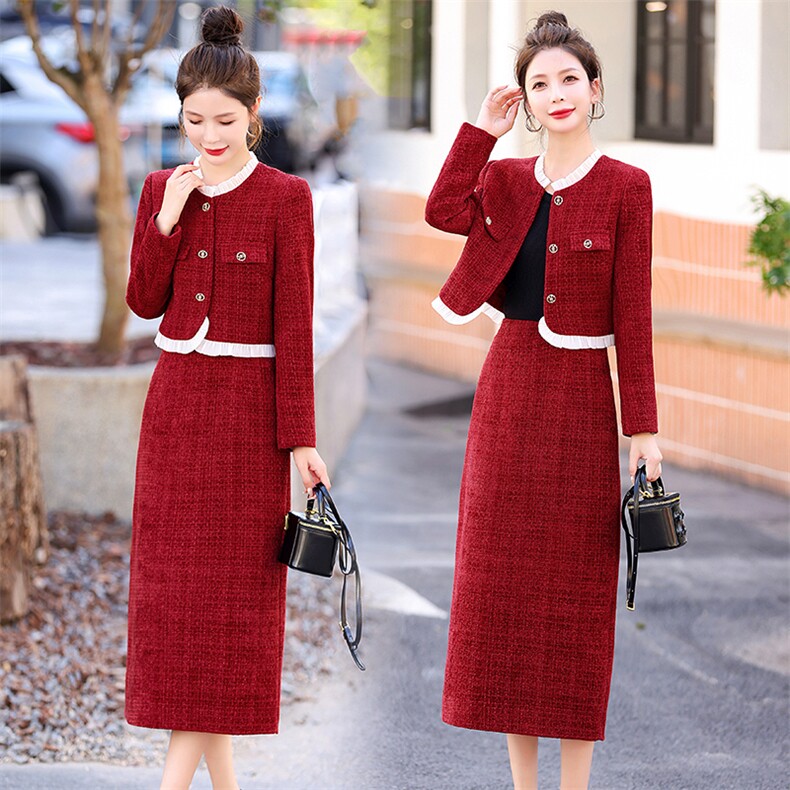 早春红色小香风套装连衣裙女春秋时尚高级感名媛订婚半身裙两件套，女装套装/套裙，兰菲阁