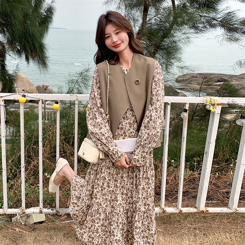 法式复古碎花连衣裙套装女2025春季新款轻熟风马甲长裙气质两件套,女装套装/套裙,2C053