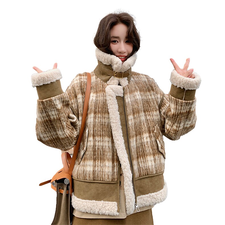 韩版短款毛绒拼接皮毛一体外套女2025年冬季新款加厚显瘦棉衣棉服,女装毛呢外套,2C022