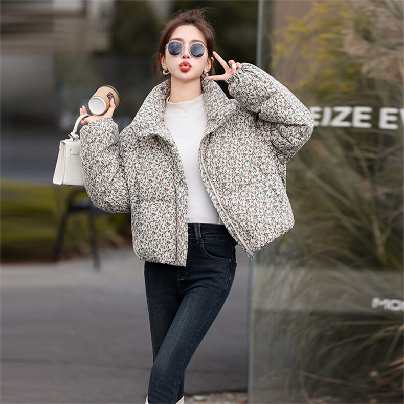 小碎花立领短款羽绒服女2024冬季新款时尚保暖白鸭绒小个子短外套,女装羽绒服,歌伊格美