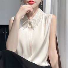 夏季醋酸真丝背心开衫女POLO领蕾丝花边醋酸上衣宽松无袖内搭打底，女装背心吊带，羊特美羊绒