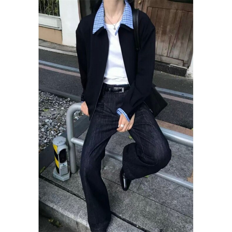 复古miu系夹克格子拼接短外套休闲工装上衣男女图片