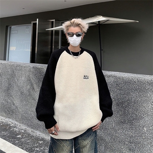 秋冬潮牌学院风圆领针织衫美式复古插肩袖撞色毛衣男 M1611-P45图片