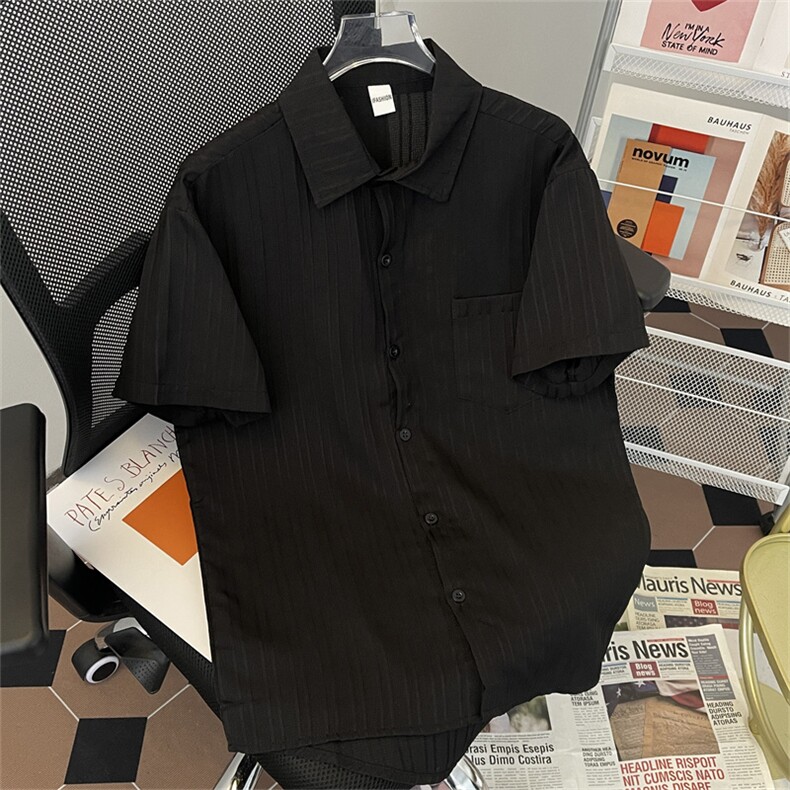 港风夏款男短袖冰丝衬衫百褶皱条纹休闲衬衣CS17P33,男装衬衫,星座1013-1
