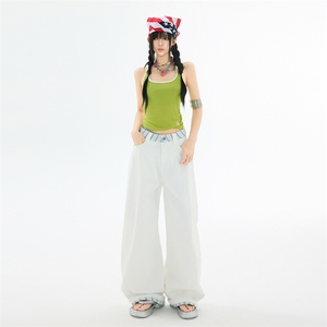 白色条纹拼接阔腿牛仔裤男女2026夏季宽松垂感拖地裤YD9025-P60