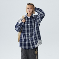 2026新款设计感蕾丝拼接格子衬衫男女情侣美式穿搭衬衣C236TP58，男装衬衫，电商A170