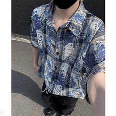 美式扎染格子衬衫短袖男女同款夏季衬衣半袖外套DC2240-特价P25，男装T恤，电商A007