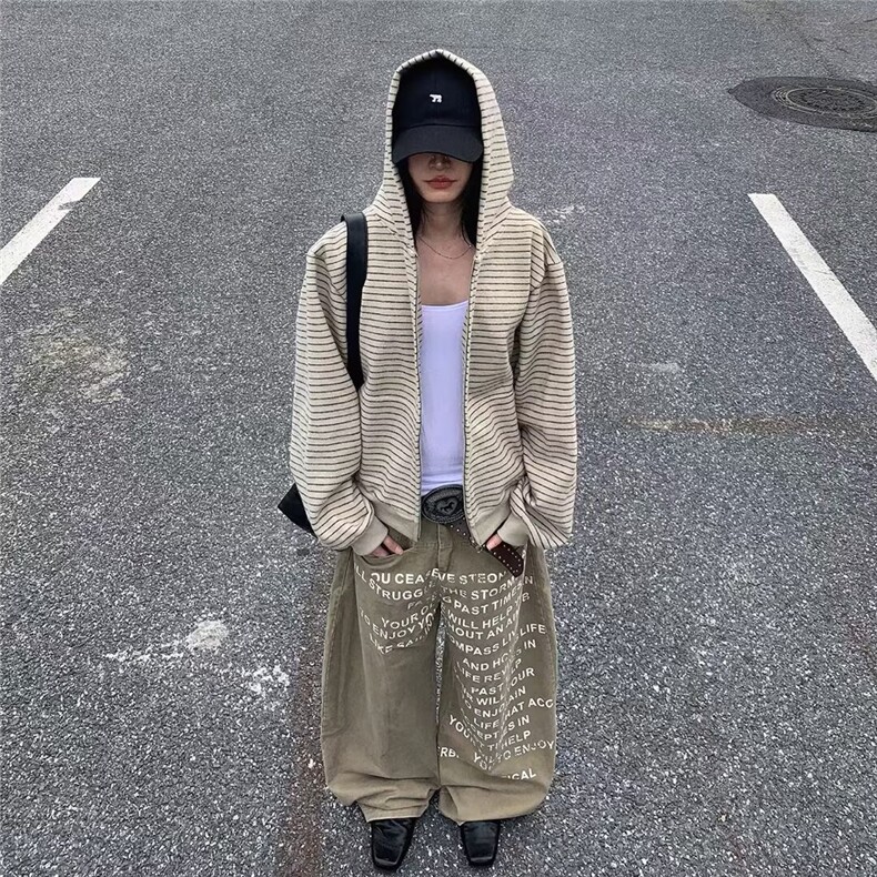 Y140-P80美式复古2025早秋新款条纹拉链开衫连帽卫衣男女,男装卫衣,电商B323A