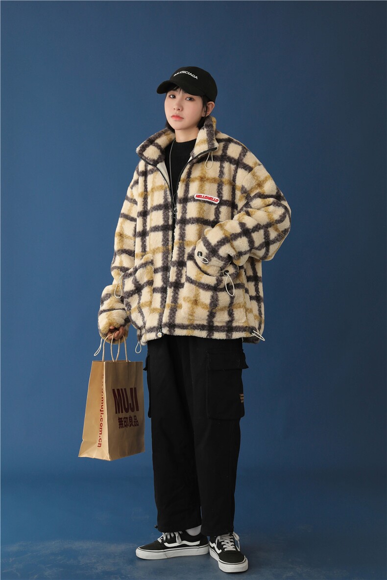 黄色格子羊羔毛大口袋外套男女冬季宽松短款加厚棉服mj400-p138,男装夹克,电商B288