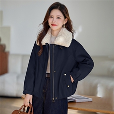 羊羔毛翻领加绒保暖短外套女2025秋冬宽松休闲百搭派克服棉衣棉服，女装棉衣/棉服，依万里