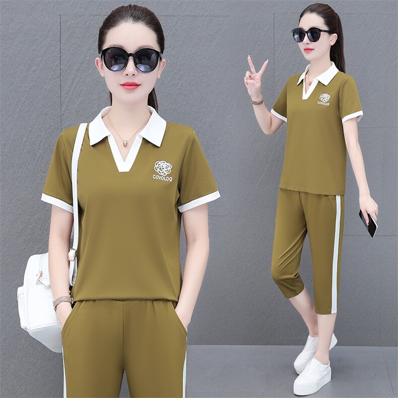 燕颉薄款运动套装女士夏季2023年时尚减龄宽松冰丝立领短袖两件套，女装套装/套裙，燕颉服饰