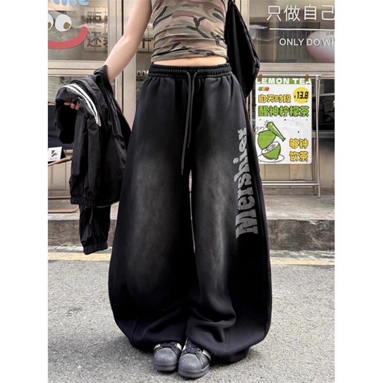 复古做旧字母弯刀卫裤女春秋宽松休闲百搭直筒街舞阔腿裤KM571，男装休闲裤，星座1116A（原606A-3）