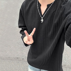 美式高街千鸟格子长袖T恤男女亨利V领英伦雅痞休闲宽松长袖打底衫，男装T恤，电商A443