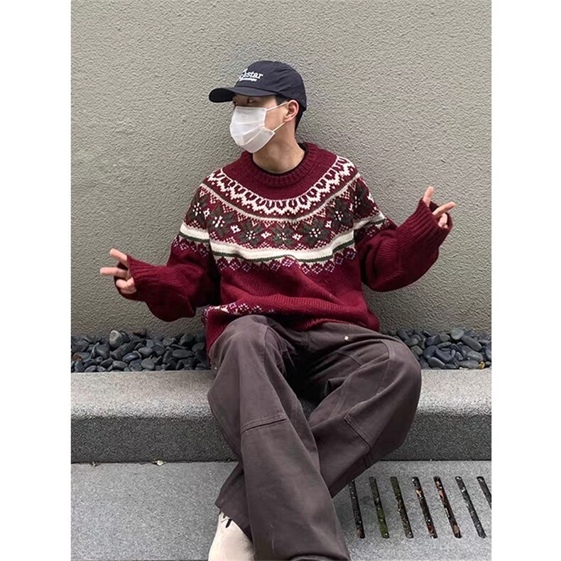 明星同款慵懒复古男女提花圆领针织衫秋冬季毛衣601-1-MY3866图片