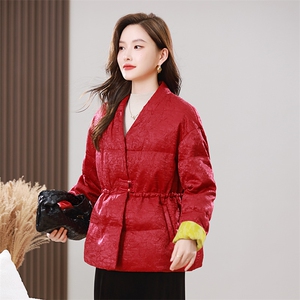 2025冬装新款90白鸭绒新中式盘扣V领羽绒服外套图片