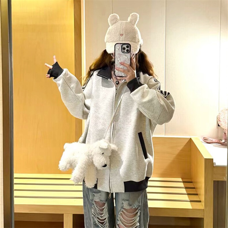 抖音得物高品质美式高街重磅结构设计拼接织带立领卫衣外套CM42,女装短外套,电商A486-1