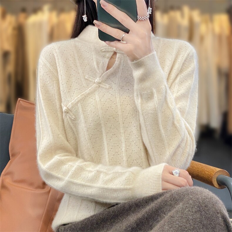 镂空立领盘扣长袖纯色2024年秋季简约羊毛衫,女装羊毛衫,羿纯羊绒