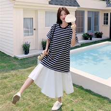 韩系松弛感黑白条纹拼接t恤连衣裙女夏2025新款休闲减龄连身长裙，女装连衣裙，2C167