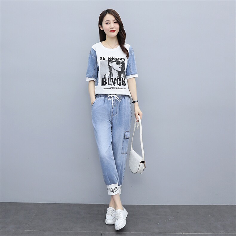 冰丝牛仔套装女2024夏季新款洋气减龄薄款遮肉显瘦休闲运动两件套,女装套装/套裙,靓星雨