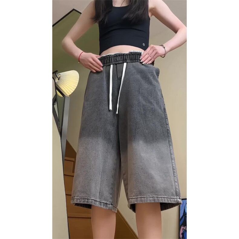 渐变牛仔七分裤男潮牌高街夏季阔腿休闲短裤A166-DK84-特P35控59,男装牛仔裤,电商A166