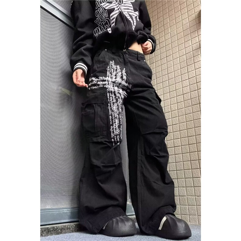 字母街头牛仔裤十字架印花口袋工装裤宽松直筒长裤男女潮N6668,男装牛仔裤,星座516A