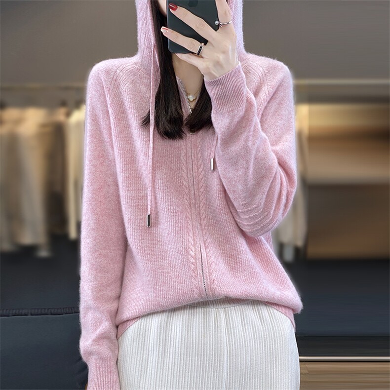 时尚百搭紫色羊毛开衫女秋冬季新款宽松显瘦长袖针织外套,女装羊毛衫,隆格羊绒