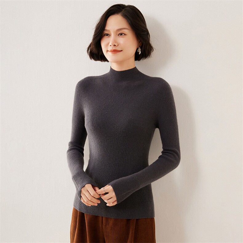 一线成衣无缝软糯感山羊绒衫女半高领抽条修身毛衣针织打底衫上衣,女装羊毛衫,伊绒腾羊绒