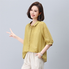 苎麻衬衫女夏季2024新款薄款宽松显瘦七分袖小衫减龄洋气妈妈上衣，女装衬衫，希欧阁