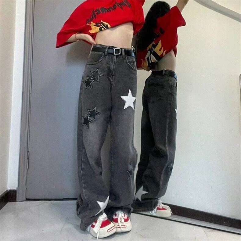大码胖妹妹高街设计感星星刺绣牛仔裤女春秋新款高腰显瘦阔腿长裤,男装牛仔裤,星座506A