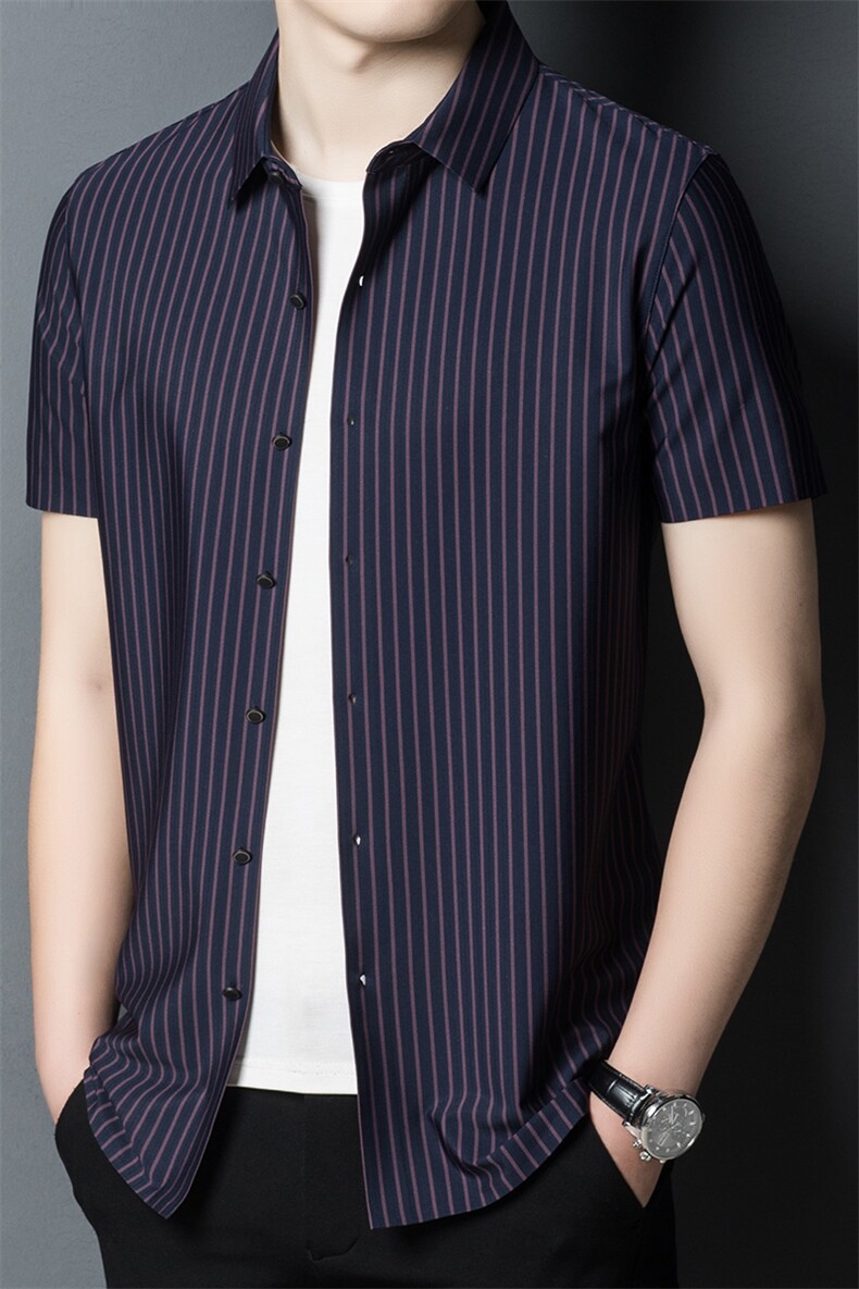 FC-Z1715夏季2022男式薄款短袖衬衣修身条纹无痕衬衫P140,男装衬衫,电商B360