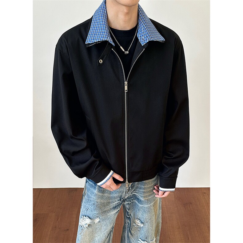 春季新款翻领可拆夹克格子拼接美式短外套男C61313-TP70128,男装夹克,电商A102