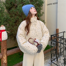米白色碎花羽绒服女冬超火好看高级小众独特漂亮加厚面包服短外套，女装羽绒服，2B081