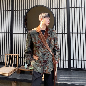 春季中式复古植绒拼色绑带设计垫肩阔型男女西服潮流痞帅图片
