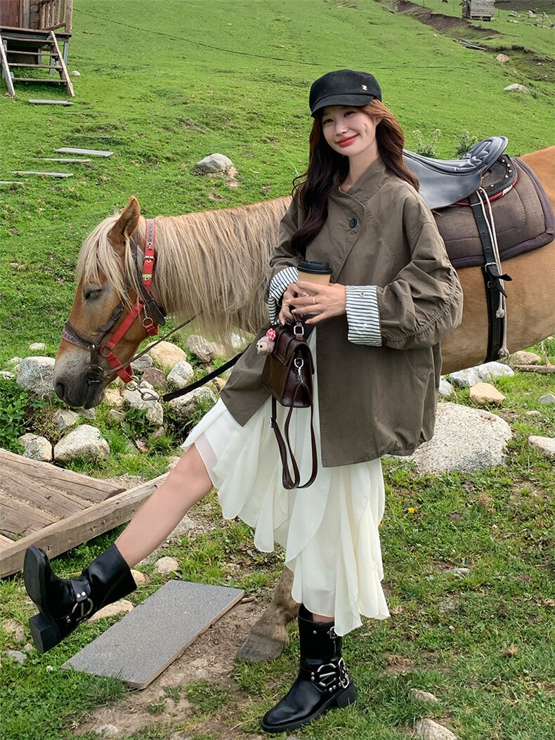 休闲风立领纯色常规宽松型女风衣百搭洋气秋季宽松春秋气质小个子,女装风衣,浙宝301